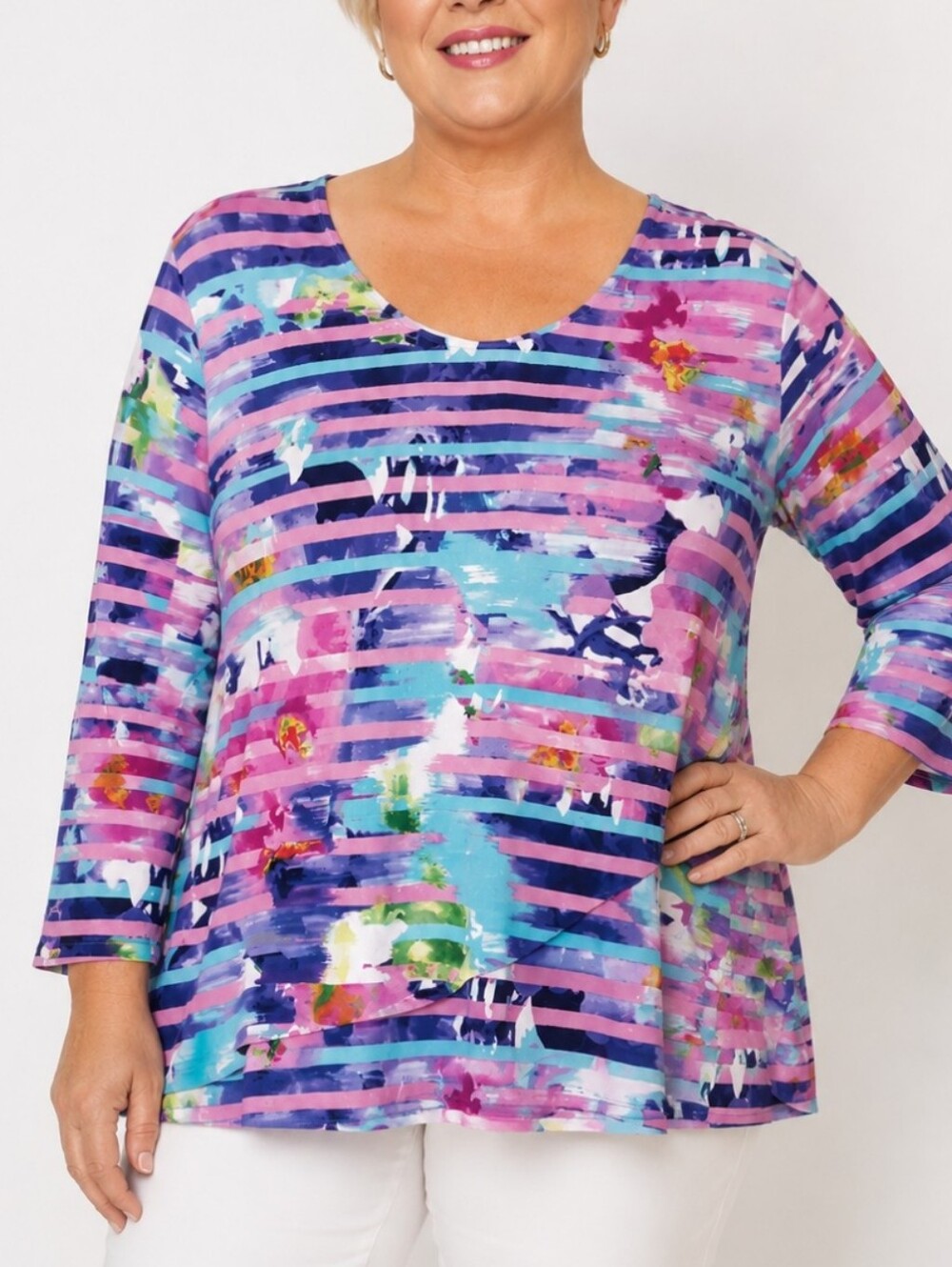 Allison Daley 2X Abstract Stripe Faux Wrap Tunic Boho Top Colorful Flowy Chicken
